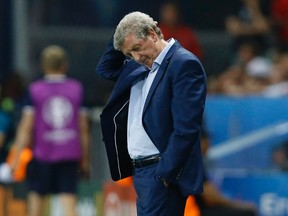 England coach Roy Hodgson stands on the sidelines during the Euro 2016 Round of 16 match against Iceland, at the Allianz Riviera stadium in Nice, France, on June 27, 2016. (AP Photo/Kirsty Wigglesworth)