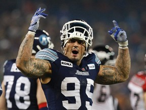 Argonauts defensive end Ricky Foley won a Grey Cup with the Roughriders in 2013. Toronto is visiting Saskatchewan this week. (Craig Robertson/Toronto Sun)