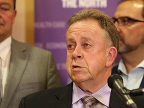 Michael Gravelle, minister of Northern Development and Mines, addresses the media following the Northern Leaders' Dialogue meeting in Sudbury, Ont. on Tuesday June 28, 2016. John Lappa/Sudbury Star/Postmedia Network