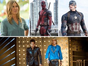 Clockwise from top: Jennifer Aniston in "Mother's Day." Ryan Reynolds in "Deadpool,"  Chris Evans in "Captain America: Civil War," and Ben Stiller & Owen Wilson in "Zoolander 2."