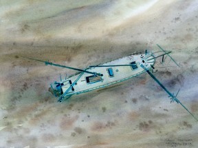 This photo of a painting by Roland Stevens shows the Canadian schooner Royal Albert. Jim Kennard, Roger Pawlowski and Roland Stevens said they recently found the wreck of the schooner in deep water off Fair Haven, 35 miles northwest of Syracuse. The western New York-based team said the 104-foot vessel was carrying 285 tons of railroad iron that shifted in rough conditions, bursting the ship's seams. (Courtesy of Roland Stevens via AP)