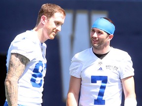 Winnipeg Blue Bombers wide receiver Weston Dressler (right) chats with receiver Rory Kohlert during practice on Tuesday.  (Brian Donogh/Winnipeg Sun)