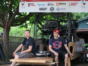 Jeff Wickens, left, and Robert Nicholls sit on the partially-constructed bowling lane on Wickens' driveway on Tuesday June 28, 2016 in Point Edward, Ont. On Friday, Wickens will be hosting an outdoor bowling cancer fundraiser for the public at his 16 Alfred St. home. Terry Bridge/Sarnia Observer/Postmedia Network