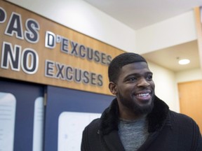 Montreal Canadiens defenceman P.K. Subban walks away after taking with reporters at the team training facility Monday, April 11, 2016 in Brossard, Que. (THE CANADIAN PRESS/Paul Chiasson)