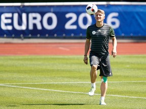 Bastian Schweinsteger attends a training session at the base camp of the German national soccer team in Evian-Les-Bains, France, on June 29, 2016. (AP Photo/Michael Probst)