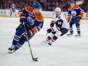 Taylor Hall of the Edmonton Oilers, crosses the blue line against  the Arizona Coyotes at Rexall Place in Edmonton on March 11, 2016.