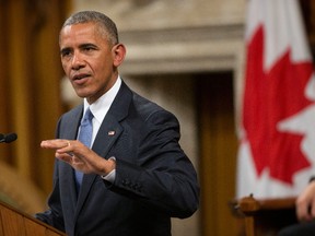 President Barack Obama addresses the Canadian Parliament in the House of Commons in Ottawa on Wednesday, June 29, 2016. (AP Photo/Pablo Martinez Monsivais)