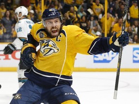 In this May 3, 2016 file photo, Nashville Predators defenceman Shea Weber celebrates after scoring against the San Jose Sharks during Game 3 of the Western Conference semifinals in Nashville, Tenn. (AP Photo/Mark Humphrey, File)
