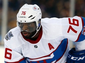 In this Jan. 1, 2016, file photo, Montreal Canadiens defenceman P.K. Subban watches the action during the NHL Winter Classic against the Boston Bruins at Gillette Stadium in Foxborough, Mass. (AP Photo/Michael Dwyer, File)