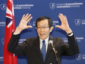 Rui Wang, vice-president of research at Laurentian University, makes a point at a funding announcement at the university in Sudbury, Ont. on Wednesday June 29, 2016. John Lappa/Sudbury Star/Postmedia Network