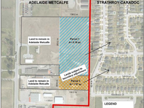 An image of the proposed boundary changes boundaries between the Township of Adelaide-Metcalfe and the Municipality of Strathroy-Caradoc.