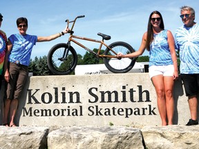 Tillsonburg Mayor Stephen Molnar (left) with Lynda, Kailyn and Terry Smith at the 1st annual Kolin Smith Memorial Skateboard, Scooter and BMX Competition at Turtlefest on June 18. (CHRIS ABBOTT/TILLSONBURG NEWS)