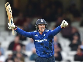 England's Jason Roy celebrates reaching his century during play in the fourth One Day International (ODI) cricket match between England and Sri Lanka at The Oval cricket ground in London. (AFP)