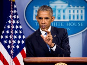 U.S. President Barack Obama speaks in the White House briefing room. (AP Photo/Andrew Harnik)
