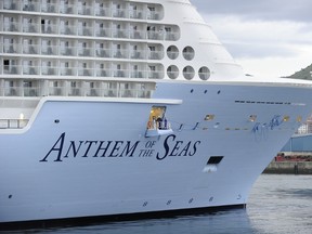 The Royal Caribbean's latest cruise liner 'Anthem Of The Seas', the third largest ship in the world, arrives at the port of Bilbao during its maiden voyage, on April 26, 2015. The 'Anthem Of The Seas', a 4,905-passenger ship, is billed as the most technologically advanced cruise vessel ever. It boasts fast internet speeds, an all-digital check-in process, a skydiving simulator at sea and the first bumper cars at sea.  AFP PHOTO/ ANDER GILLENEA