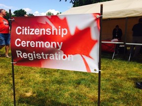 Canada Day ceremony booth at Harris Park. (HALA GHONAIM/THE LONDON FREE PRESS)