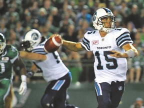Argos QB Ricky Ray rolls out and looks for a receiver during Thursday’s victory over the Riders. Ray was efficient, if unspectacular, which was a big step forward from his first start. (The Canadian Press)