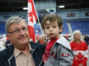 Fred Stockhaus and his grandson, Henry Stockhaus, attended the Sudbury Multicultural and Folk Arts Association Canada Day celebrations at the Sudbury Community Arena in Sudbury, Ont. on Friday July 1, 2016. John Lappa/Sudbury Star/Postmedia Network