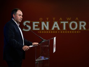 Senators GM Pierre Dorion speaks to the media during a press conference in Ottawa on Canada day, July 1, 2016. (James Park/Postmedia)