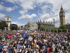 "Remain" supporters demonstrate in Parliament Square, London, to show their support for the European Union in the wake of the referendum decision for Britain to leave the EU, known as "Brexit", Saturday, July 2, 2016. (Daniel Leal-Olivas/PA via AP)