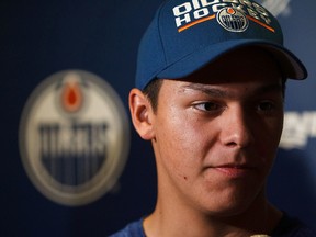 Ethan Bear speaks to reporters during Edmonton Oilers orientation camp at Rexall Place in Edmonton, Alta., on Saturday, July 2, 2016. CODIE MCLACHLAN /Postmedia Network