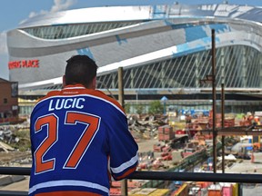 Newly acquired forward, Oiler Milan Lucic looking towards Rogers Place after talking to the media in Edmonton, Friday, July 1, 2016.