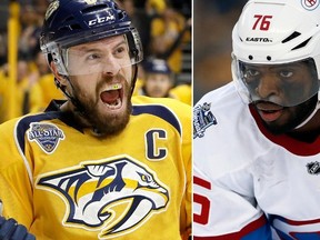 The Predators traded captain Shea Weber (left) to the Canadiens for P.K. Subban, a swap of All-Star defencemen two days prior of the opening of the NHL's free agent signing period. (Mark Humphrey/Michael Dwyer/AP/Files)