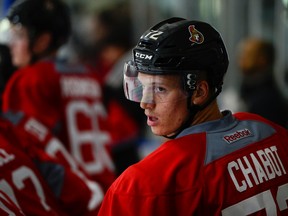 Thomas Chabot looks on at the Ottawa Senators development camp held at Kanata Recreational Complex on Saturday, July 2, 2016. (James Park/Postmedia)