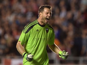 Ottawa Fury's goalkeeper Romuald Peiser was issued a red card following a hard challenge against the New York Cosmos in NASL action in Hempstead, N.Y., on Saturday. (Sean Kilpatrick/The Canadian Press/Files)
