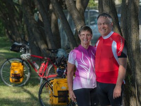 Roz and Jeff Tonner of Edmonton are training for a six-month ride from Kenya to South Africa. The couple took up cycling just five years ago and have already ridden through South America. June 29, 2016.  SHAUGHN BUTTS/Postmedia Network