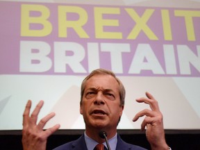 United Kingdom Independence Party leader, Nigel Farage, announces he is resigning as party leader during a speech at The Emmanuel Centre in London, Monday July 4, 2016. Farage was instrumental in the campaign to have Britain leave the EU trading bloc, championing the issue of immigration. (Stefan Rousseau/PA via AP)