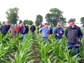 Ben Rosser, an OMAFRA corn specialist, leads a group of farmers and agriculture industry workers through the Perth SCIA demonstration site in Bornholm to show them test plots where various rates of nitrogen fertilizer have been applied during the Perth Soil and Crop Improvement Association Twilight Tour in Bornholm June 28. GALEN SIMMONS MITCHELL ADVOCATE