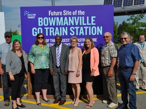 Premier Kathleen Wynne was in Bowmanville on June 20 announcing the extension of the GO train to Bowmanville. From left Kirk Kemp, President of Algoma Orchards; Jennifer Knox, OPG; Lindsay Coolidge, UOIT; MPP Granville Anderson; Premier Kathleen Wynne; Sheila Hall, CEO, CBOT; Don Rickard, CBOT past-president; Hannu Halminen, President, Halminen Homes.