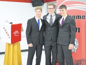 James Cowan (left), Billy Armstrong and Nolan Chafe were recipients of the annual Nicol Scholarship presentation at Petrolia’s LCCVI. Melissa Schilz/Postmedia Network