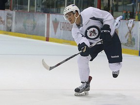 Forward Jack Roslovic fires a shot during Winnipeg Jets development camp at MTS Iceplex in Winnipeg on Sun., July 3, 2016. Kevin King/Winnipeg Sun/Postmedia Network