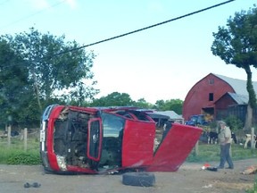 A pickup truck on its side illustrates the violence of a head-on collision on Highway 15 on Saturday morning.
Photo courtesy Ryan Ray-Stone