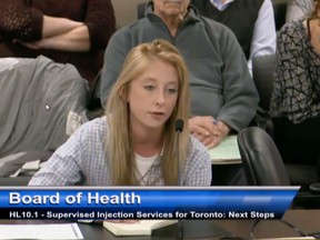 Brooklyn McNeil speaks about safe injection sites at a Toronto Board of Health meeting in April. (YOUTUBE)