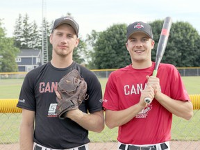 Tavistock's Jake Wiffen, left, and Derek Hyde will play for Canada at the International Softball Federation's under-18 Junior Men's World Championship July 24 to 30 in Midland, Mich. The two will also be part of the host Tavistock Athletics at the Canadian Junior Men's under-21 Nationals Aug. 2 to 7 in Tavistock. (Greg Colgan/Woodstock Sentinel-Review/Postmedia Network)