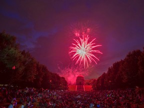 Fireworks are set off during Canton Ohio’s Monumental Fourth Celebration at the William McKinley Presidential Library and Museum on Sunday, July 3, 2016. (Bob Rossiter/The Canton Repository via AP)