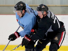 Thomas Chabot (right) defends against Logan Brown during the Ottawa Senators development camp Monday, July 4, 2016 at Bell Sensplex.
(Julie Oliver/Postmedia)