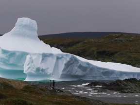 Young men collect small pieces of ice that fell off an iceberg near Goose Cove, Newfoundland. Elliot Ferguson/The Whig-Standard/Postmedia Network