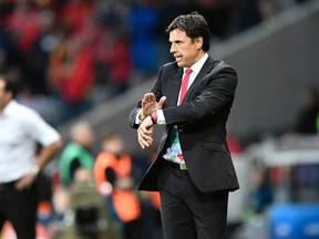 Wales coach Chris Coleman gestures during the Euro 2016 quarterfinal match against Belgium in Villeneuve d’Ascq, near Lille, France, on Friday, July 1, 2016. (Martin Meissner/AP Photo)