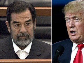 Republican Donald Trump, right, is again praising former Iraqi President Saddam Hussein's ruthlessness, saying he killed terrorists "so good." (AP File Photos)