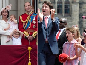 The Duke and Duchess of Cambridge with their children, Charlotte and George in a split image with PR Justin Trudeau, Sophie Trudeau and their kids Xavier and Ella Grace. (AFP PHOTO / JUSTIN TALLIS & THE CANADIAN PRESS/Justin Tang)