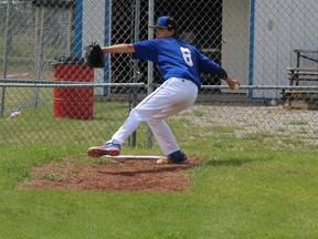 Royals right-hander Ty Schaffer warms in the bullpen before his game-one start. Schaffer went on to pick up the win in Fort Macleod's 6-4 win.