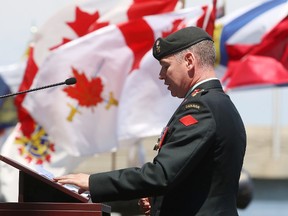 Col. Derek Basinger addresses the audience after assuming command of the Canadian Army Command and Staff College at the Fort Frontenac grounds on Wednesday, July 6, 2016 in Kingston, Ont.
Elliot Ferguson/The Whig-Standard/Postmedia Network