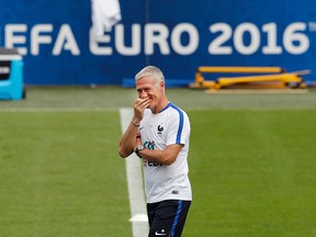 France coach Didier Deschamps attends a training session at the stadium in Clairefontaine, France, Monday, July 4, 2016. France faces Germany in a Euro 2016 Soccer Championship semifinal match on Thursday, July 7, 2016 in Marseille. (Frank Augstein/AP Photo)