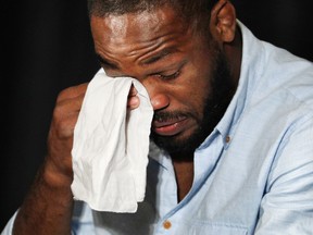 Jon Jones speaks during a news conference, Thursday, July 7, 2016, in Las Vegas. Jones was scheduled to fight Daniel Cormier at UFC 200 but was pulled from the event because of a potential violation of the UFC's anti-doping policy. (AP Photo/John Locher)