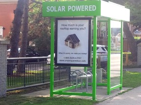 A duo of solar-powered transit shelters appeared on Exmouth Street this week, as Sarnia Transit considers replacing other aging shelters across the city. The technology is expected to help Sarnia save on energy costs. (Handout)