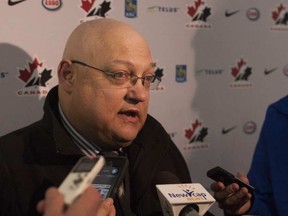 Gord Thibodeau addresses media at the Royal Bank Cup in Lloydminster on May 22. Thibodeau’s Lloydminster Bobcats were runner-ups in the tournament.